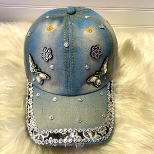 Butterfly 🦋 & Bling 💎 Light Blue Denim Baseball Cap